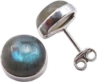 SilverStarJewel 925 Fine Silver Labradorite Stud Earrings 0.5" Ladies Fashion