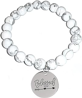 Silver-Plated, Natural Howlite White Bead Stretch Bracelet for Women, Cord and Bead Chain with Inspirational Charm, Unique Lotus Design