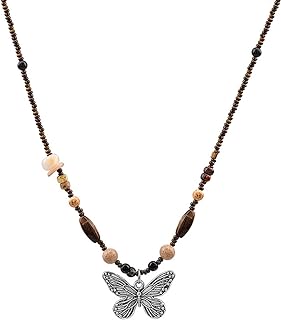 Lion Butterfly Beads Necklace With Lobster Clasp, Natural Stone and Zinc Chain, Retro Western Design for Women, 17.71 Inches