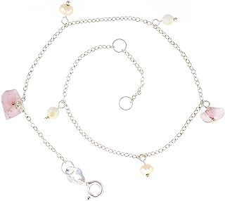Sterling Silver Anklet Natural Stone Rose Quartz Nuggets & Pearls, adjustable 9-10 inch