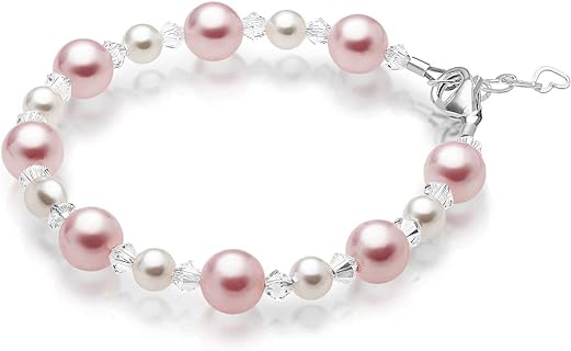 Pretty Sterling Silver Bracelets for Girls with Pink and White Simulated Pearls, European Crystals, Girls Jewelry, Pearl Bracelet for Girls, Birthday Gifts, Flower Girls