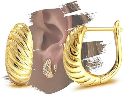 Chunky Twisted Hoop Earrings for Women Gold Plated Croissant Earrings Twist Huggie Hoop Earrings High Polished Lightweight Hypoallergenic Post Earrings Fashion Jewelry Teen Girls