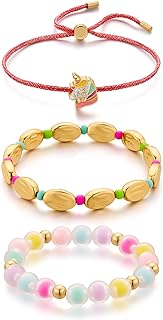 3-Pack Adorable Unicorn, Gold Beaded & Colorful Candy Bracelet Set for Girls in Durable Brass with Bead Chain by ENSKEFEN