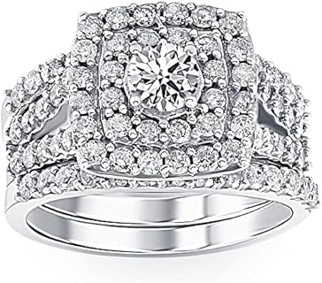 P3 POMPEII3 3 ct Diamond Engagement Wedding Double Cushion Halo Trio Ring Set 14k White Gold