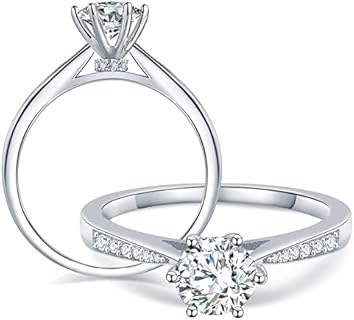 Moissanite Wedding Engagement Ring 1 Carat Classic 6 Prong Lab Created Diamond Anniversary Ring 925 Sterling Silver Solitaire Diamond Promise Ring for Women size 5-11