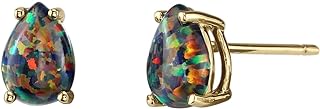 Peora 14K Yellow Gold Created Black Fire Opal Earrings for Women, Hypoallergenic Solitaire Studs, 7x5mm Pear Shape, 1 Carat total, October Birthstone, Friction Back