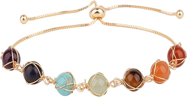 ASGIFT 7 Chakra Beaded Bracelet with Quartz Bead Chain and Magnetic Clasp in 14K Gold for Women & Girls - Adjustable Healing Crystal Stone Jewelry