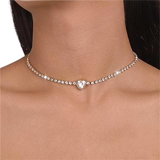 Heart Crystal Tennis Necklace Emerald Love Heart Choker Necklace Green Crystal Heart Tennis Choker Sparkly Rhinestone Chain Bridal Wedding Necklace Jewelry for Women Girls