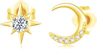 Solid 14k Gold Moon and North Star Earrings, Real Gold Stud Earring for Women