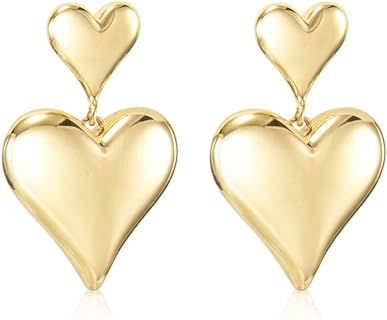 Push Back Brass Gold Heart Dangle Earrings for Women with Double Heart Design, 35mm Length