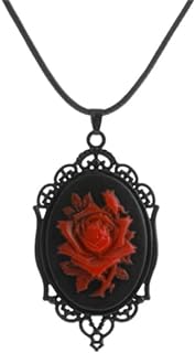 Victorian Red Rose Resin Pendant Necklace with Stainless Steel Rolo Chain for Women, Gothic Design