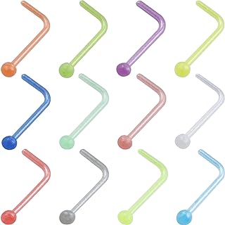 Versatile 22G Bioflex Acrylic Nose Ring Retainers - Comfortable L-Shape Nose Studs with Top Ball Design - Pack of 12 Colorful, Lightweight and Lead-Free Piercing Jewelry for Men and Women