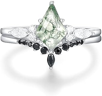 Genuine Colorless Moissanite Ring Set - 6x9mm Kite Cut Natural Moss Agate Wedding Sets - 925 Silver Bridal Sets - Created Black Spinel V Shaped Wedding Band - Platinum Plated Sterling Silver Rings - Art Deco Promise Rings For Her - Gifts For Women - Retro Gemstone Statement Ring