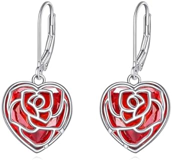 Sterling Silver Leverback Dangle Earrings with Red Garnet Ruby Filigree Gems - Elegant Jewelry Gift for Women