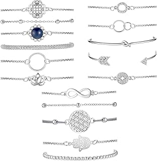 Hicarer 16 Piece Layered Bracelet Set Vintage Flower Hand Chain Beaded Bracelet Adjustable Charm Pendent Stack Bracelet