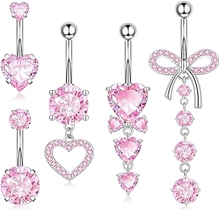Dangle Belly Button Rings Piercing Jewelry for Women Surgical Stainless Steel Dangling Belly Ring Pack with Heart Bow Elements 14g