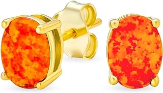 Simple Classic White Fire Orange Black Blue Opulence Gemstone Created Opal Oval Stud Earrings 14K Yellow Gold Plated .925 Sterling Silver 7MM October Birthstone