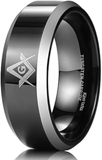 Classic Black Tungsten Carbide Wedding Ring for Men, King Will 8mm, Masonic Compass Square Design
