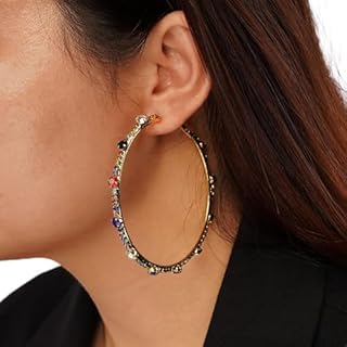 Silver Iridescent Rhinestones Big Hoop Earrings Women Girls Statement Earrings