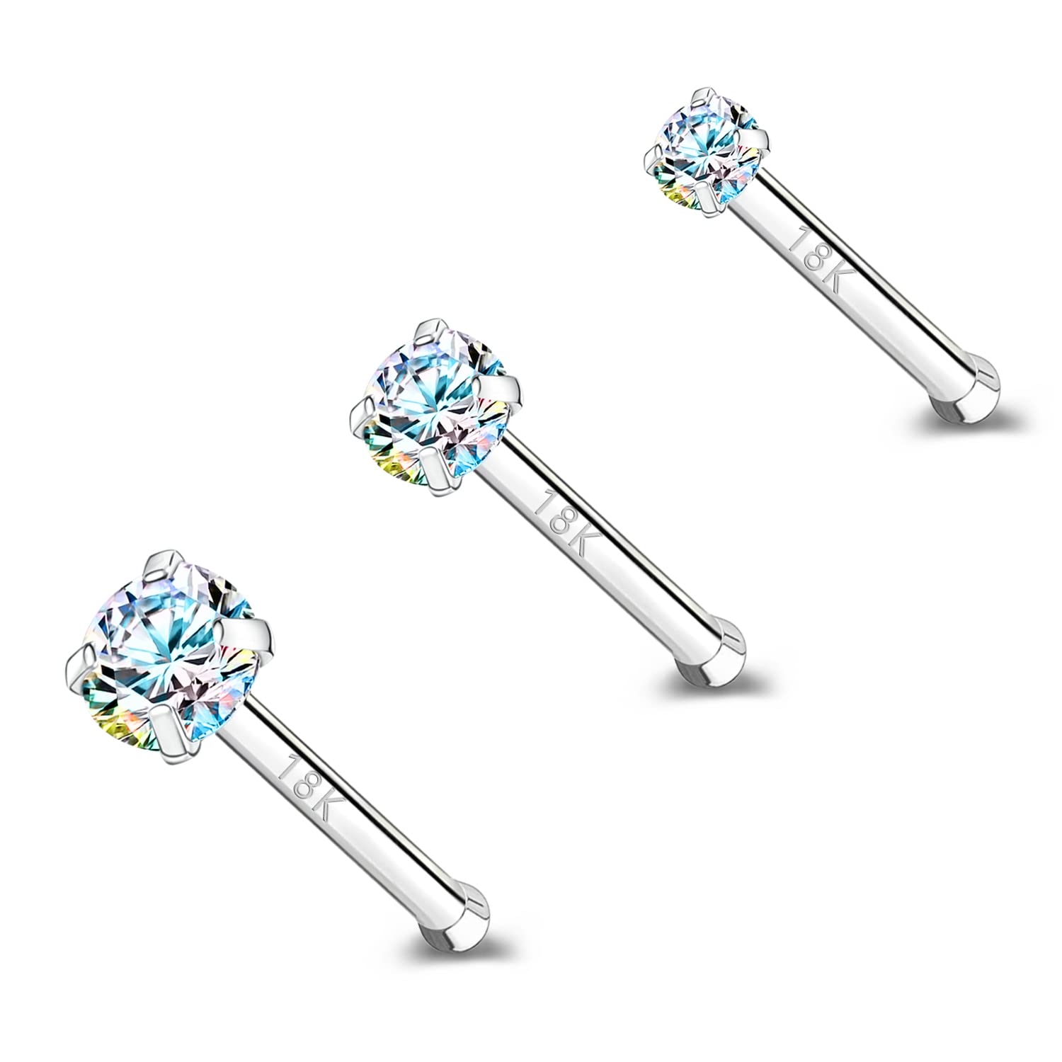 ZS 18K Real Gold 20G Nose Rings for Women Men, 1.5mm 2mm 3mm CZ Simulated Diamond, Solid 7mm Nose Stud Pin Piercing, Non-Irritating Skin Body Jewelry