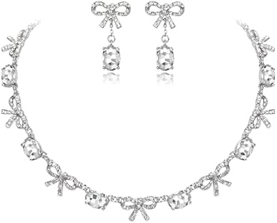 EleQueen Women's Elegant Crystal Bow Necklace with Lobster Clasp and Teardrop Design in Rhinestone and Alloy Material