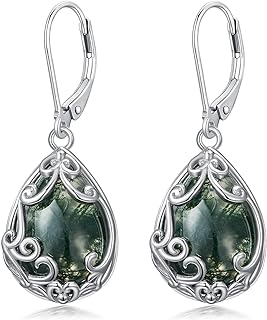 Moss Agate Teardrop Dangle Earrings in 925 Sterling Silver for Women, Elegant Lever Back Design for All-Day Comfort, Hypoallergenic and Lightweight, Perfect Gift for Mom, Bohemian Filigree Design