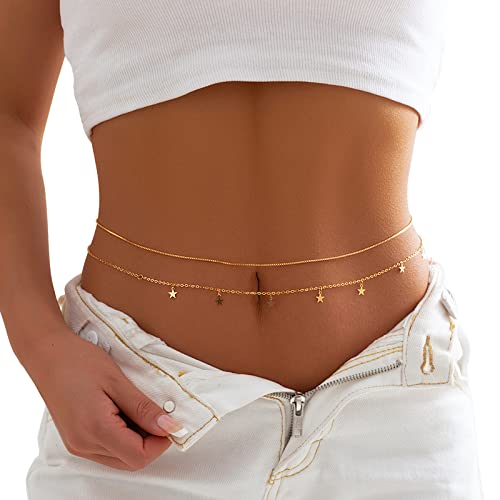 Crystal Waist Body Chain Jewelry Summer Beach Bikini Stars Moon Belly Chains Boho Gold Thin Waist Chain Metal Simple Crystal Belly Body Chain Jewelry for Women