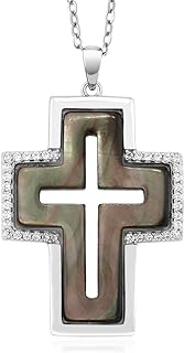 Gem Stone King 925 Sterling Silver Black Simulated Mother of Pearl MOP Cross Shape Pendant Necklace with 18 Inch Silver Chain