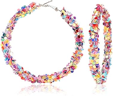 Glittering Base Metal Hoop Earrings Wrapped in Shiny Sequins - Dangling Large Basketball Design - Perfect for Women and Girls - Statement Boho Jewelry for Christmas/Birthdays/Brides