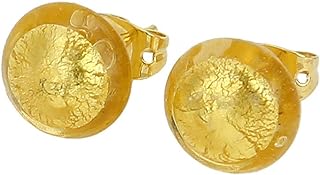 Sunshine Gold Murano Glass Button Stud Earrings with Crystal Gem and Push Back Design by GlassOfVenice