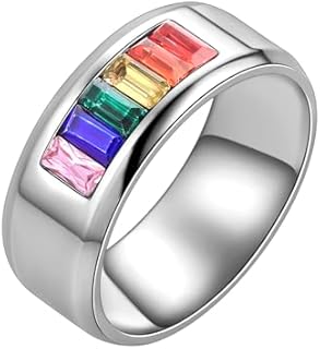 Hipunk Rainbow LGBT Pride Ring - Stainless Steel Enamel Lesbian Gay Bisexual LGBTQ Pride Month Wedding Engagement Band Rotatable Unisex Colorful CZ Couples Eternity Ring Men Women