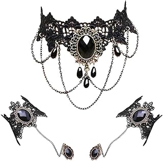 Lace Choker Necklace with Bracelet Set Punk Party Gothic Vintage Handmade Lolita Retro Victorian Vampire Punk Pendant Necklace Bracelet Wristband for Women Black– Style 4