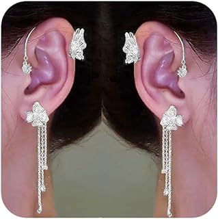 Butterfly Ear Cuff Earrings Sparkly Silver Butterfly Flower Tassle Ear Wrap Earrings Fairy Right Left No Piercing Ear Clip