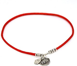 Red Protection & Positive Energy Anklet for Women on Silk String - Sterling Silver Coin Charm & Hamsa Hand Ankle Bracelet for Protection - 9.5" Length with Spring Ring Clasp