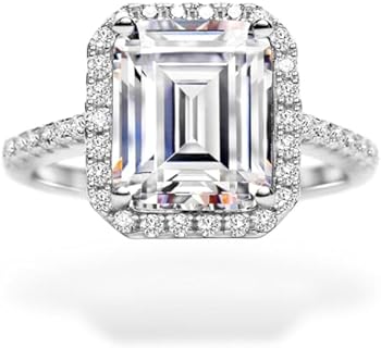 S925 4.0ct Emerald Cut Engagement Ring for Women Diamond Halo Promise Ring Cubic Zirconia Sterling Silver Wedding Band Ring for Women