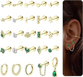 FIOROYAL Boucles d'Oreilles Créoles Émeraude en Acier Inoxydable Plaquées Or 14K, Hypoallergéniques et Sans Nickel, pour Femmes Sensibles, Taille 10mm, Idéales pour Cartilage et Tragus