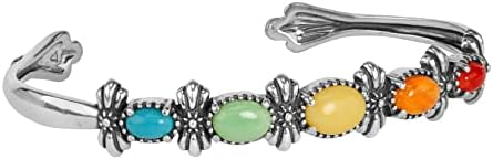 Sterling Silver Box Chain Multi-Color Gemstone Cuff Bracelet with No Clasp for Women - Intricate Floral Design