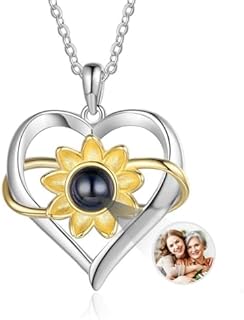 Gold Heart Locket Necklace with Cubic Zirconia & Cable Chain - Personalized Picture Inside - Unique Gift for Mom, Wife, Grandma - Sunflower Design