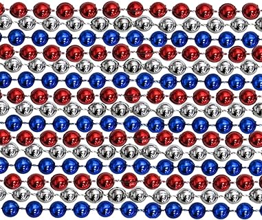 33 inch 7mm Round Metallic Red, Blue and Silver Mardi Gras Beads - 6 Dozen (72 necklaces)