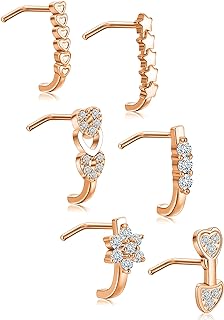 Akeoqi 6-12Pcs Nose Studs Nose Ring Inlaid Cubic Zirconia L Shaped Studs Lotus Star Heart Nose Nostril Piercing Jewelry for Women Men Sliver Gold Rose Gold Tone 20G