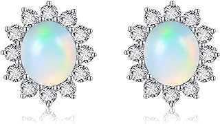 JERWLI Natural Opal Earrings 925 Sterling Silver White Natural Opal Stud Earrings Opal Jewelry for Women Girls