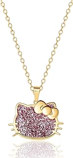 Hello Kitty Sanrio Womens Pink Glitter Necklace 18" - 18kt Gold Flash Plated Sterling Silver Necklace Official License