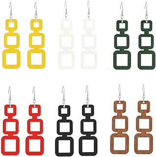 Boho Natural Wood Square Dangle Earrings with French Wire Back Finding by ANXIN STORE for Women and Girls