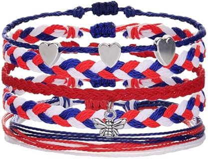 Fuqimanman2020 Independence Day Surfer Wave Bracelet Set 5Pcs Boho Summer Beach Braided String Bracelets Waterproof Red White Blue Heart Star Adjustable Woven Bracelets 4th of July Jewelry Gift