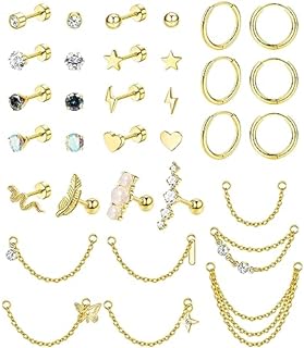 LOLIAS 20G Cartilage Earrings Set for Women Men Surgical Steel Helix Earrings Cute CZ Opal Star Heart Snake Small Hypoallergenic Flat Back Stud Earrings Hoop Chain Dangle Conch Daith Helix Tragus Cartilage Piercing Jewelry 33Pcs