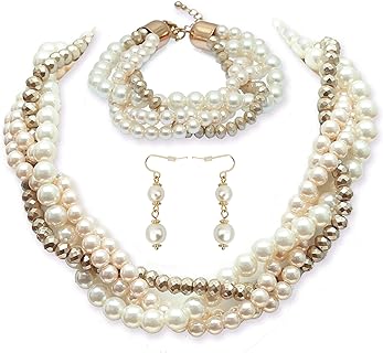 Costume Layered Twisted Gold Pearl Necklace Choker Chunky Glass Statement Pearl Necklace and Earring set, good gift for women Faux pearl necklace set imitation pearl necklace and earring