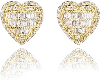 Cute 14K Yellow Gold Plated 925 Sterling Silver Iced 5A Cz Hip Hop Baguette Large Heart Stud Earrings For Women Jewelry Gift For Wife Mom Wedding Birthday Valentine's Day Gifts Her