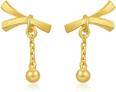 CHOW SANG SANG 999.9 24K Solid Gold Ribbon Bowtie with Bead Dangling Earrings for Women 68721E