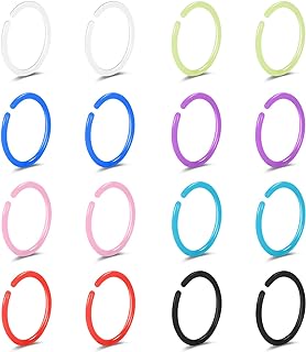ZS 12pcs 20G Colorful Bioflex Flexible Nose Retainer Rings, Bioplastic Bendable Clear Nose Studs Nostril Piercing Jewelry for Women Men