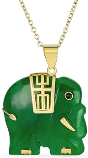 Bling Jewelry Bali Style Tribal Longevity Natural Gemstone Green Jade Indian Elephant Pendant Necklace For Women Yellow 14K Gold Overlay .925 Sterling Silver 18"